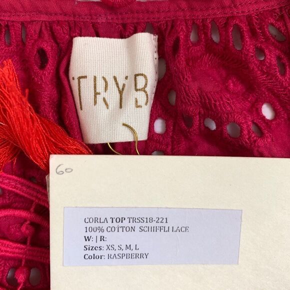 Anthropologie TRYB Eyelet Ruffle Blouse Size S Pink Embroidered Peasant Top - Picture 4 of 8